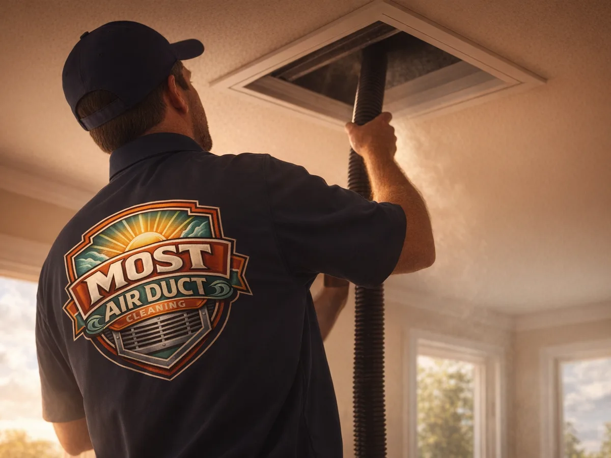 air duct cleaning technician on the job in Houston, TX